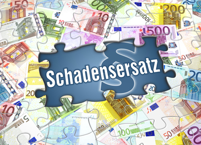 Schadensersatz Puzzleteile mit aufgedruckten Banknoten, in der Mitte steht