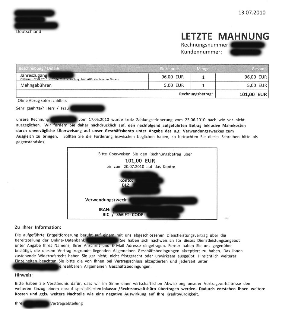 Abofalle, Mahnschreiben