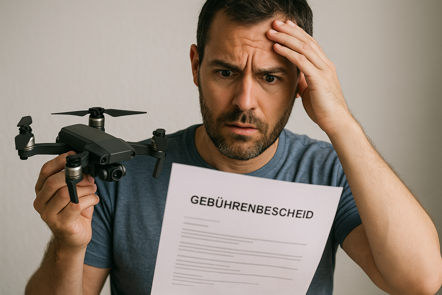 News - rechtsanwalt.com Ein Drohnenpilot hält einen Gebührenbescheid des Luftfahrt-Bundesamtes (LBA) in den Händen