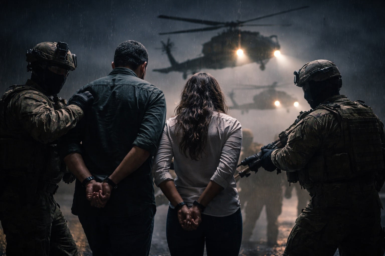 News - rechtsanwalt.com Völkerrecht, Maduro und seine Frau während sie vom US Militär abgeführt werden. Im Hintergrund sieht man US Hubschrauber. Die Szene findet in der Nacht statt.